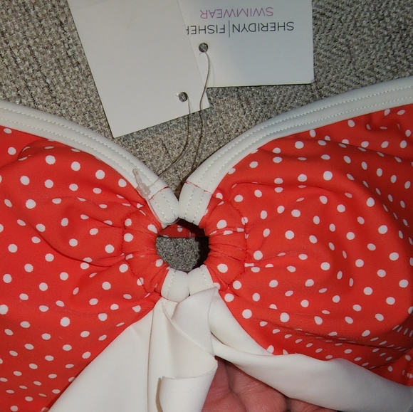 New Sheridyn Fisher Swimwear Bikini Top coral polka dot ruffle 11" across bottom - Picture 5 of 11